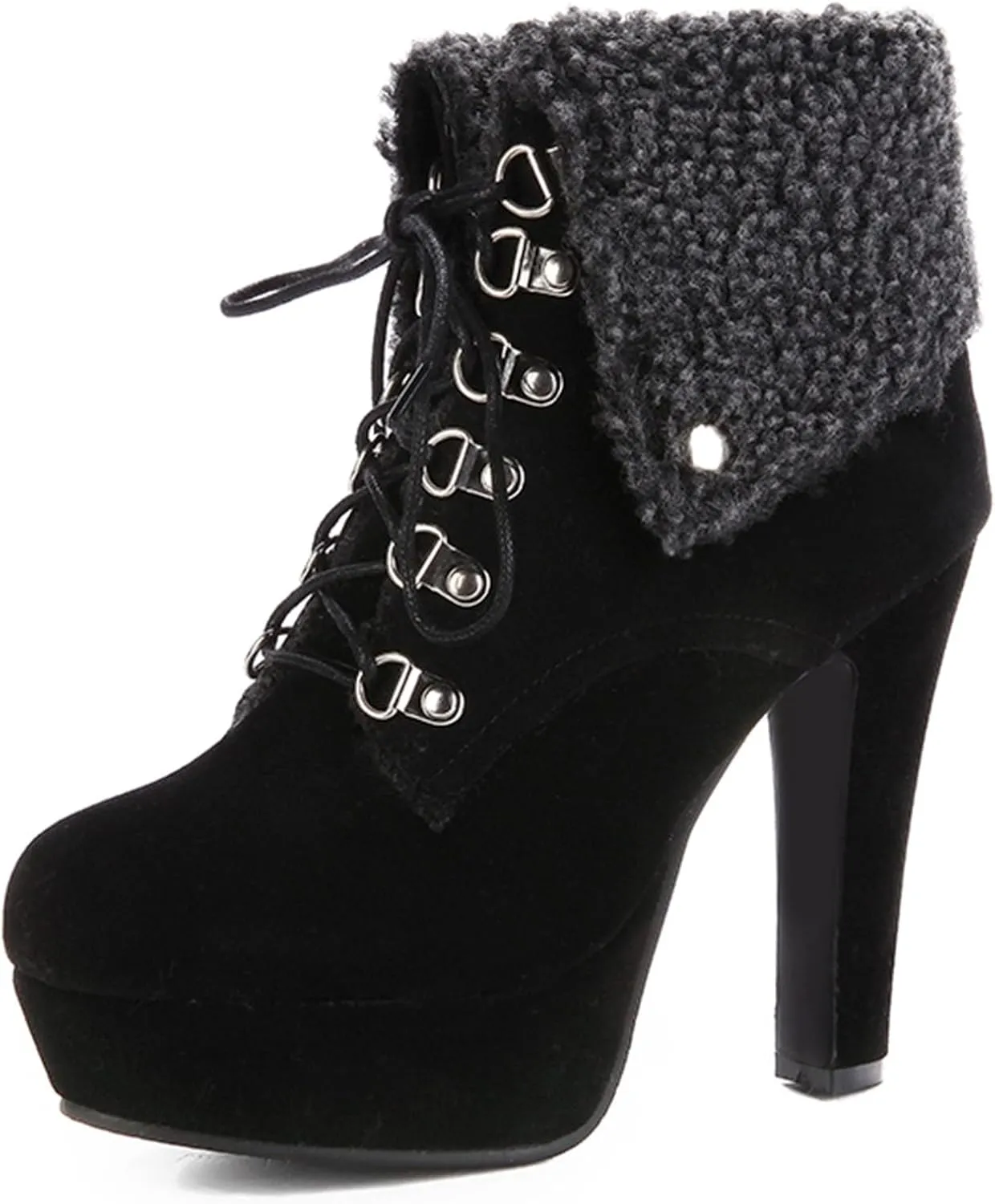 Warm Snow Boot for Women Cute Fold Over Fur Ankle Booties Chunky Block High Heels Lace Up Platform Winter Short Boots