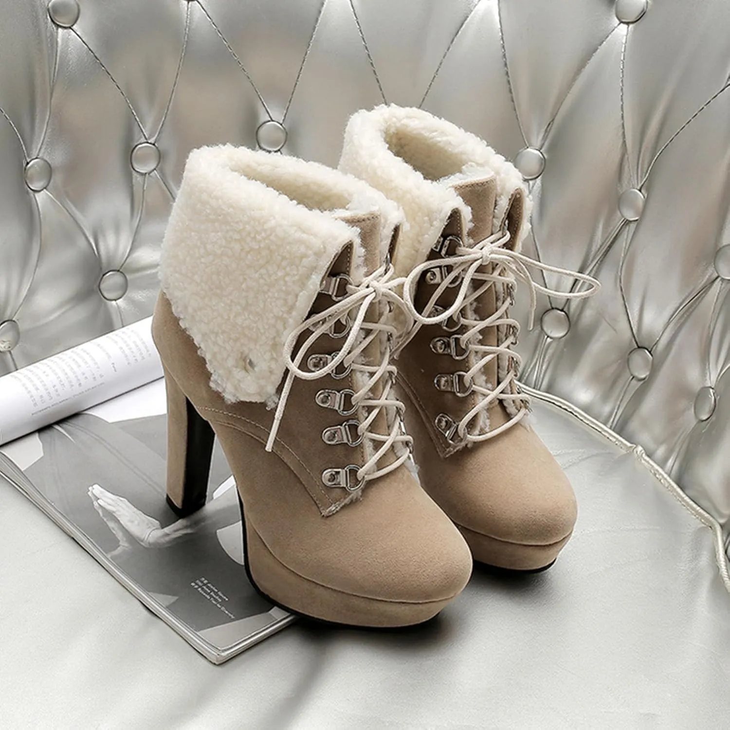 Warm Snow Boot for Women Cute Fold Over Fur Ankle Booties Chunky Block High Heels Lace Up Platform Winter Short Boots