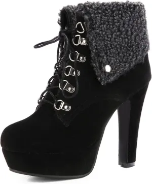 Warm Snow Boot for Women Cute Fold Over Fur Ankle Booties Chunky Block High Heels Lace Up Platform Winter Short Boots