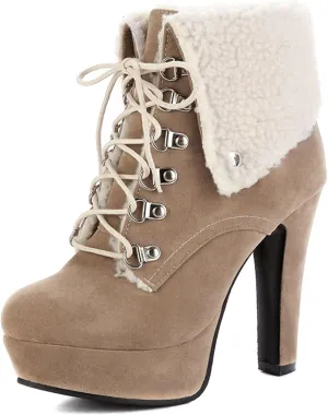 Warm Snow Boot for Women Cute Fold Over Fur Ankle Booties Chunky Block High Heels Lace Up Platform Winter Short Boots