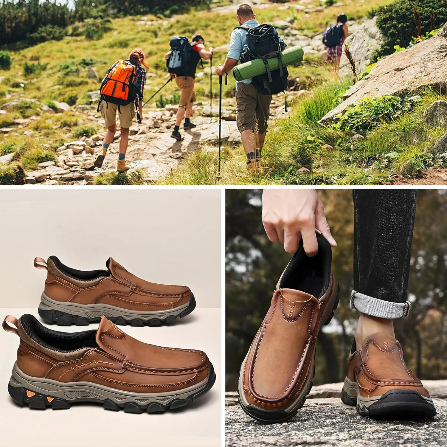 Waterproof Shoes for Men Lightweight Hiking Shoes Breathable Leather Loafers Comfortable Walking Sneakers Outdoor Casual Oxford