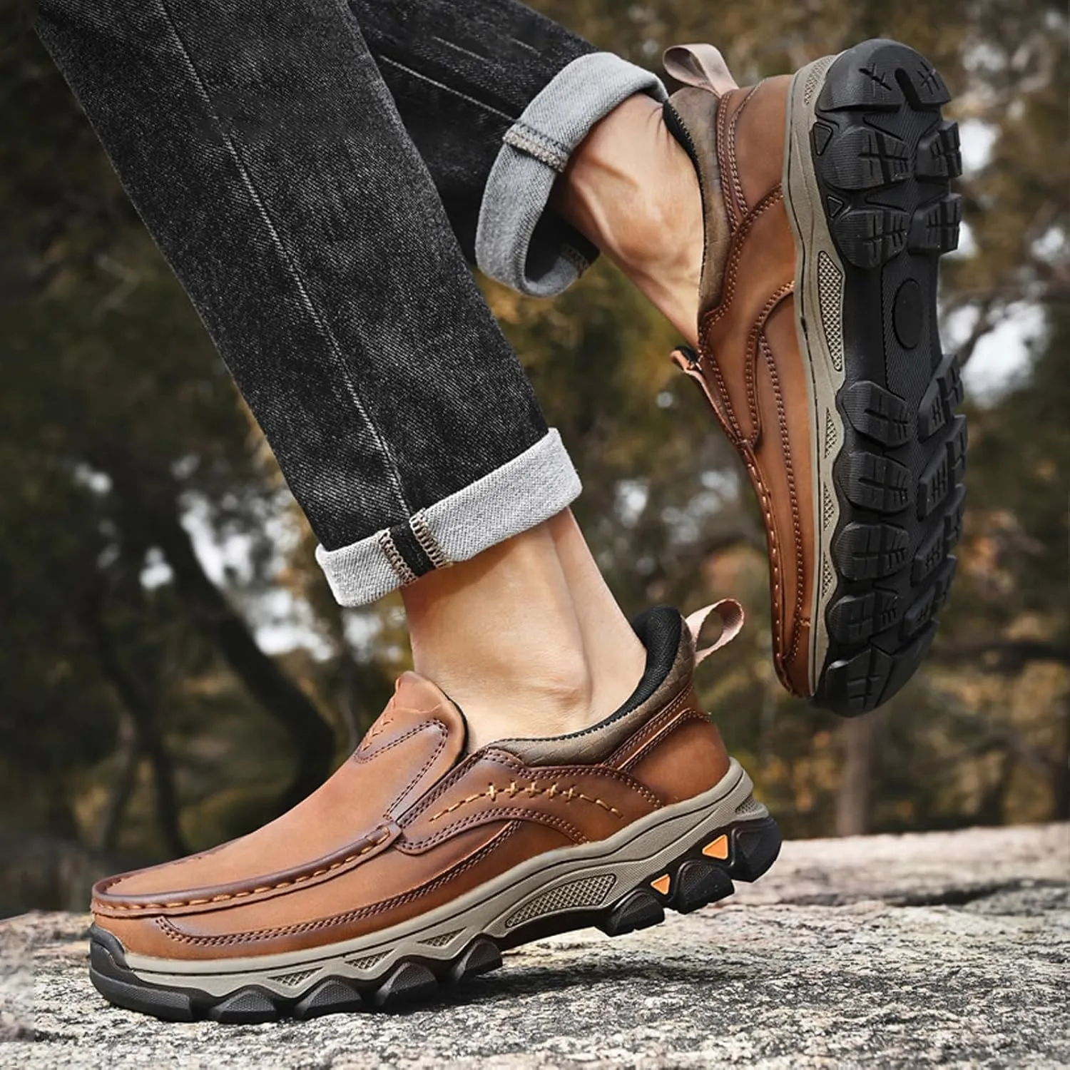 Waterproof Shoes for Men Lightweight Hiking Shoes Breathable Leather Loafers Comfortable Walking Sneakers Outdoor Casual Oxford