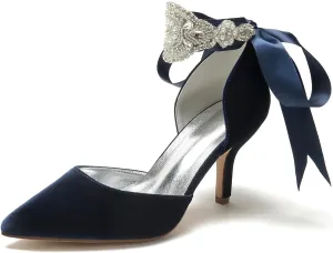 Wedding Bridal Pointed Toe Womens High Heel Shoes Ankle Buckle Pumps Rhinestones Heeled Bowknot Court Sandals Evening Party Dress,Dark Blue,10