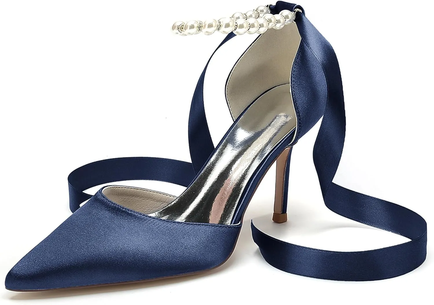 Wedding Bride Shoes Satin Pearl Pointed Toe Ribbon Women High Heels Pumps for Bridal/Prom/Evening/Cocktail/Bridesmaid/Party 8.5Cm