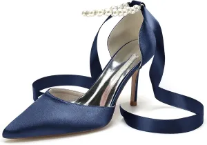 Wedding Bride Shoes Satin Pearl Pointed Toe Ribbon Women High Heels Pumps for Bridal/Prom/Evening/Cocktail/Bridesmaid/Party 8.5Cm