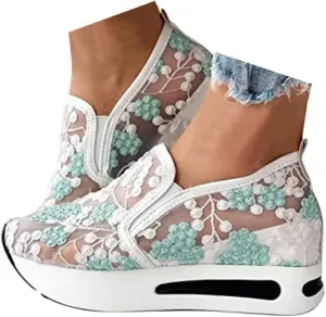 Wedge Floral Shoes Mesh Fashion Sneakers for Women Slip On Breathable Walking Shoes Women's Casual Embroidery Platform Sneakers Comfort Work Shoes High Heels Outdoor Travel Sports Shoes