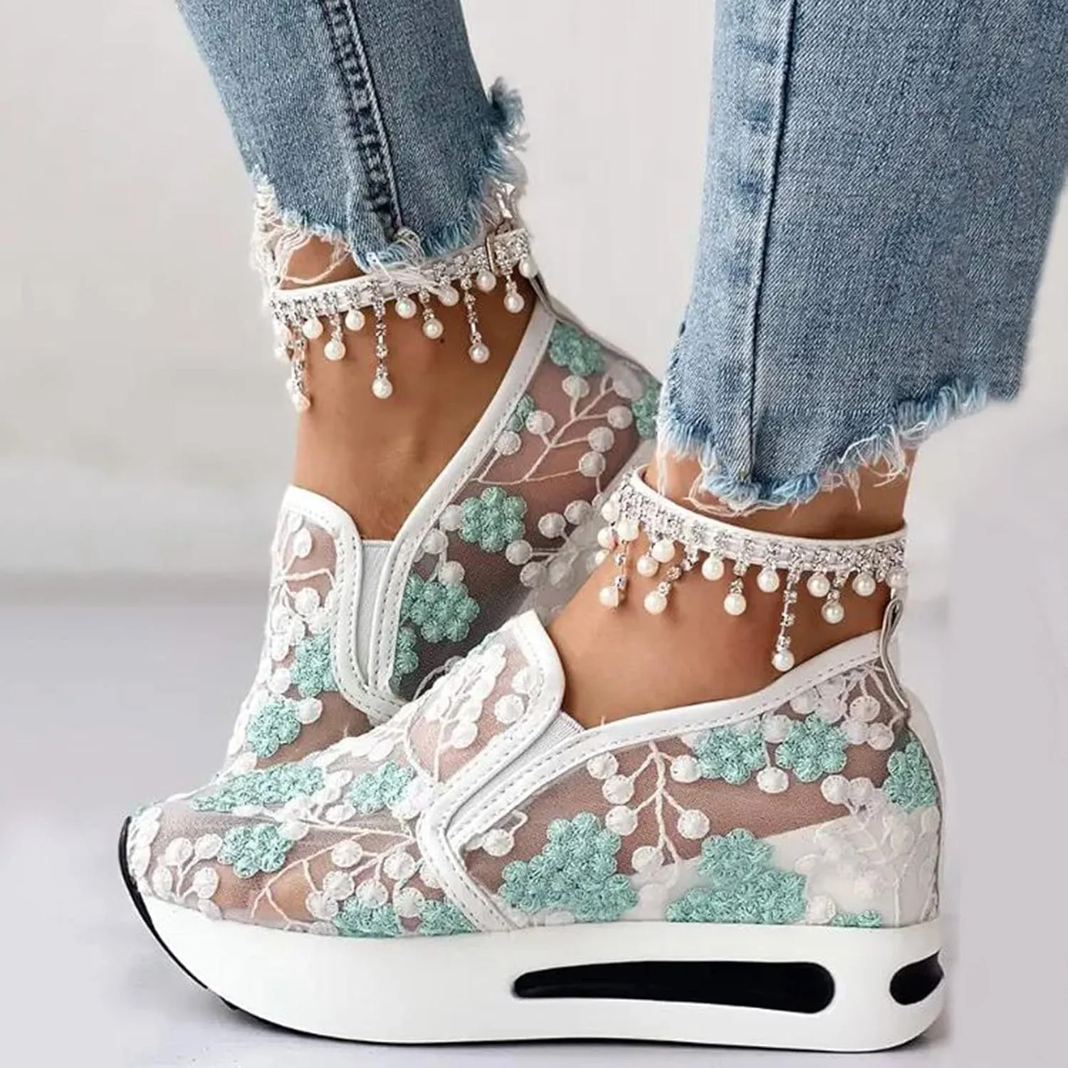 Wedge Floral Shoes Mesh Fashion Sneakers for Women Slip On Breathable Walking Shoes Women's Casual Embroidery Platform Sneakers Comfort Work Shoes High Heels Outdoor Travel Sports Shoes