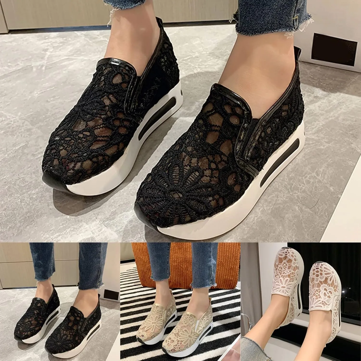 Wedge Floral Shoes Mesh Fashion Sneakers for Women Slip On Breathable Walking Shoes Women's Casual Embroidery Platform Sneakers Comfort Work Shoes High Heels Outdoor Travel Sports Shoes