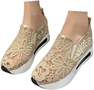 Wedge Floral Shoes Mesh Fashion Sneakers for Women Slip On Breathable Walking Shoes Women's Casual Embroidery Platform Sneakers Comfort Work Shoes High Heels Outdoor Travel Sports Shoes