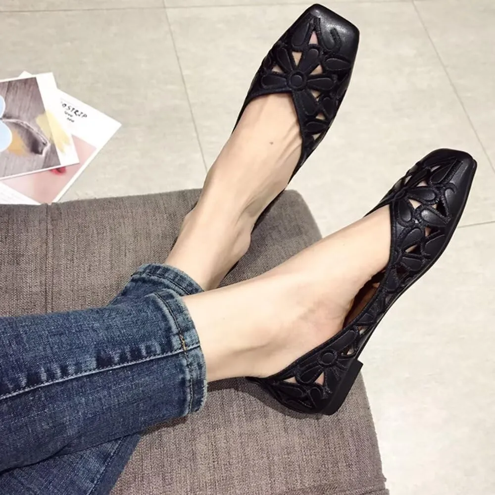 WENJIAZHIZHI Women's Floral Ballet Flats Comfortable Dress Shoes Square Toe Slip on Flat Shoes with Breathable Eyelets
