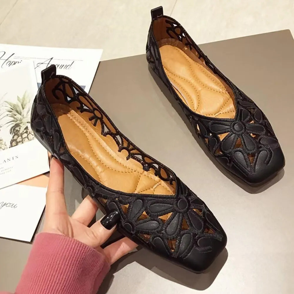 WENJIAZHIZHI Women's Floral Ballet Flats Comfortable Dress Shoes Square Toe Slip on Flat Shoes with Breathable Eyelets