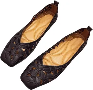 WENJIAZHIZHI Women's Floral Ballet Flats Comfortable Dress Shoes Square Toe Slip on Flat Shoes with Breathable Eyelets