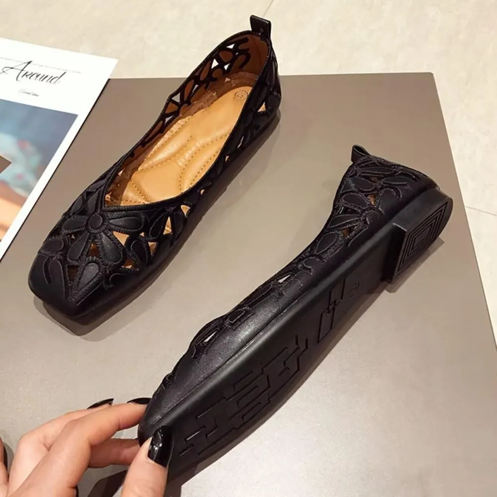 WENJIAZHIZHI Women's Floral Ballet Flats Comfortable Dress Shoes Square Toe Slip on Flat Shoes with Breathable Eyelets