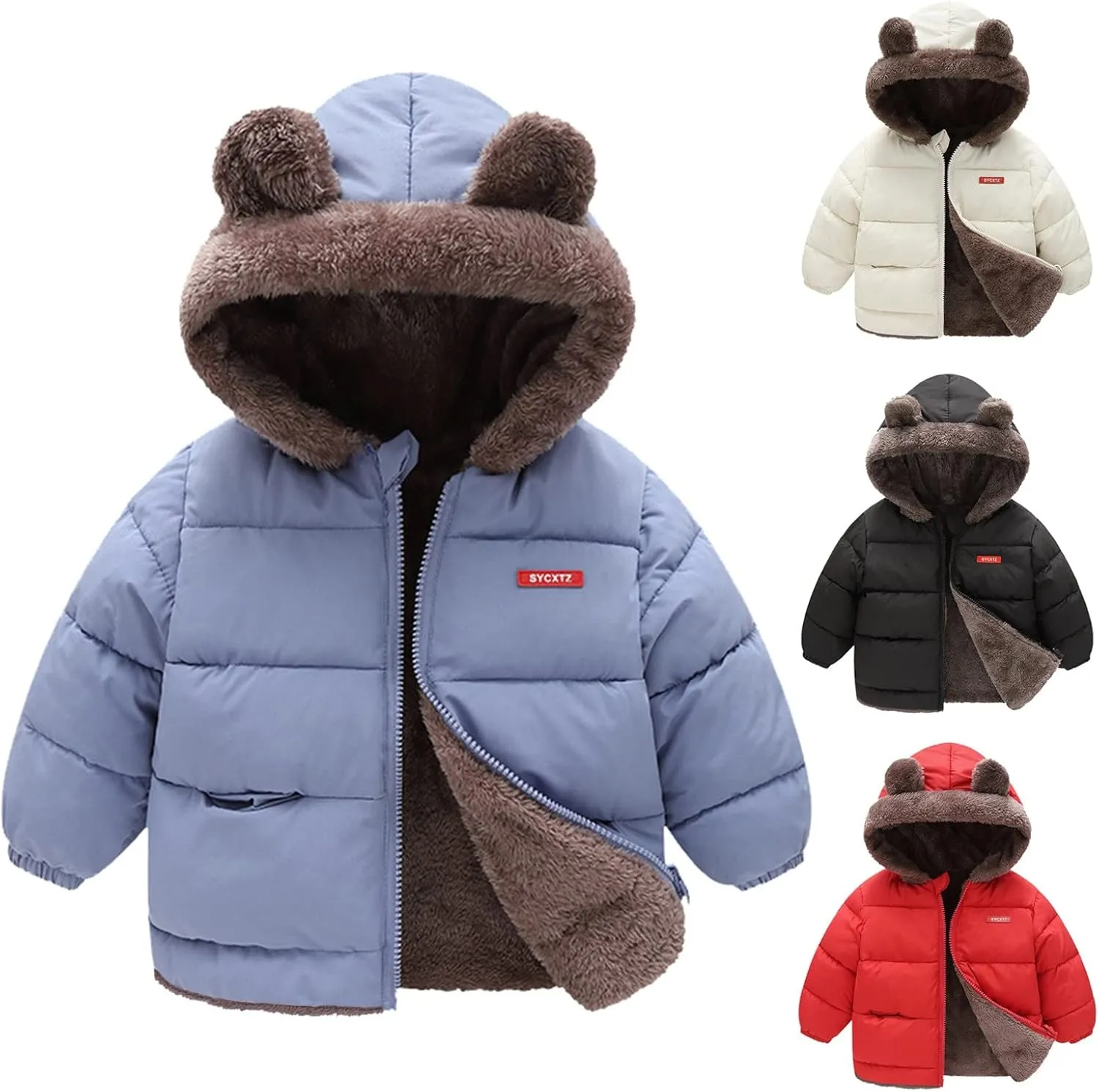 Winter Coat Bear Ears Hooded for Boy Girl Two Sided Wear Fleece Jacket Thicken Windproof Zipper Warm Outwear