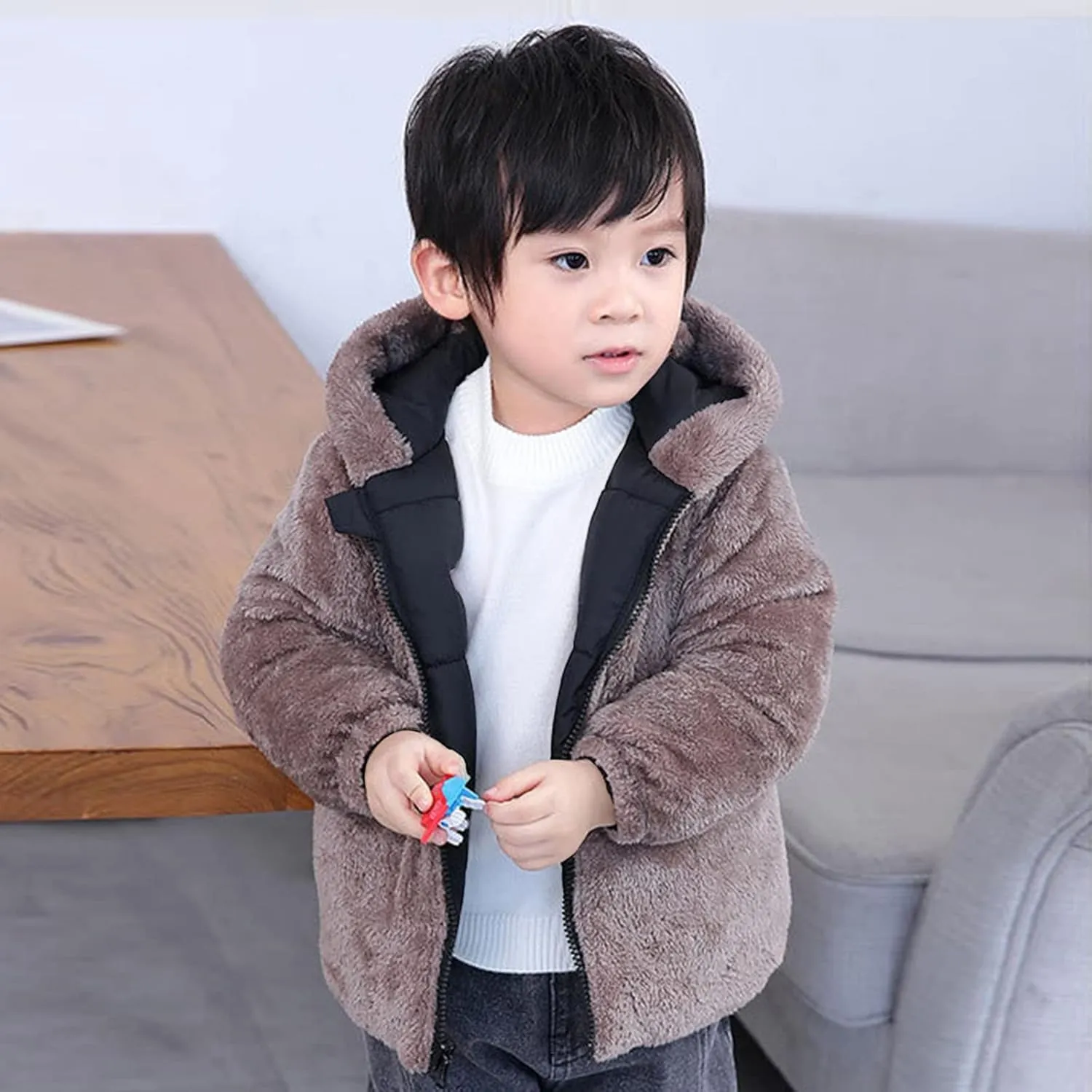 Winter Coat Bear Ears Hooded for Boy Girl Two Sided Wear Fleece Jacket Thicken Windproof Zipper Warm Outwear