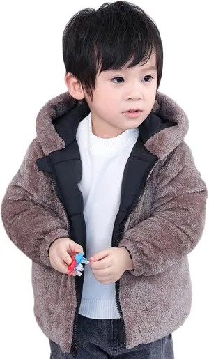 Winter Coat Bear Ears Hooded for Boy Girl Two Sided Wear Fleece Jacket Thicken Windproof Zipper Warm Outwear