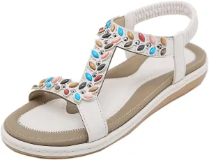 Women Bohemia Beaded Open Toe Flat Sandals Summer Comfortable Beach Sandal Shoes