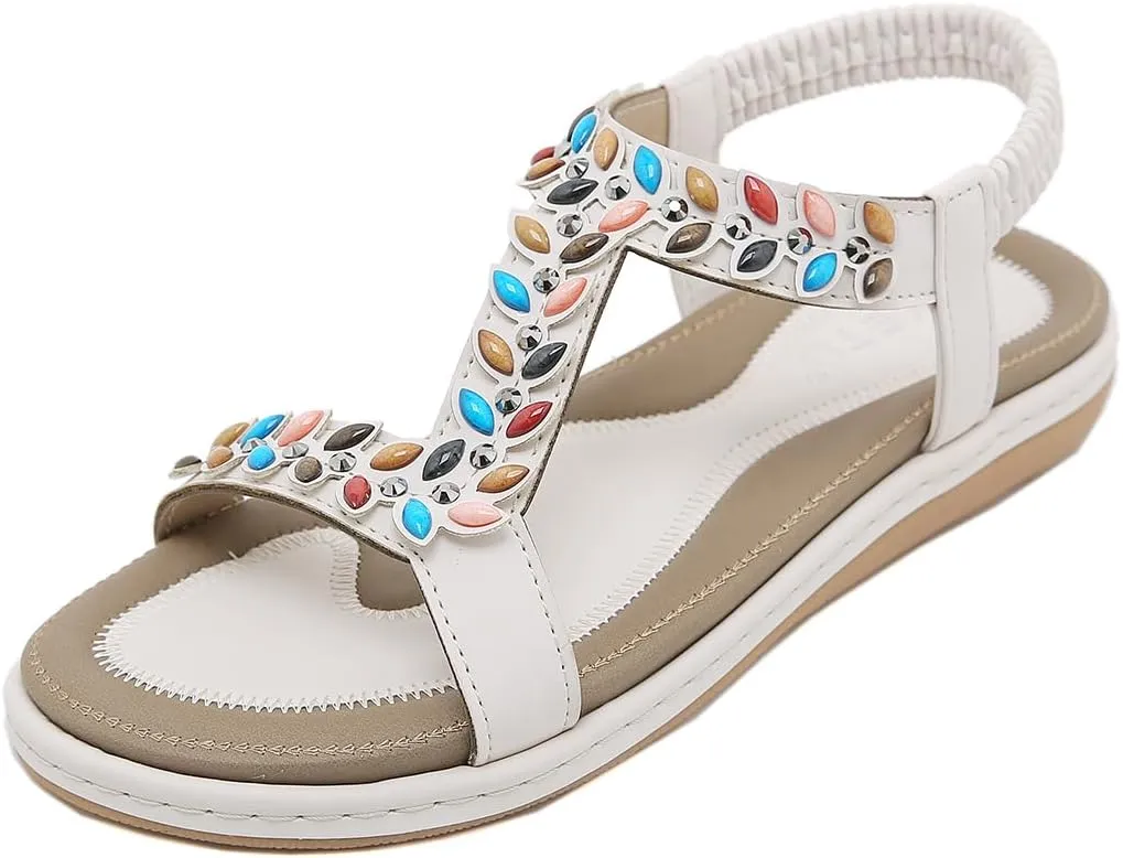 Women Bohemia Beaded Open Toe Flat Sandals Summer Comfortable Beach Sandal Shoes