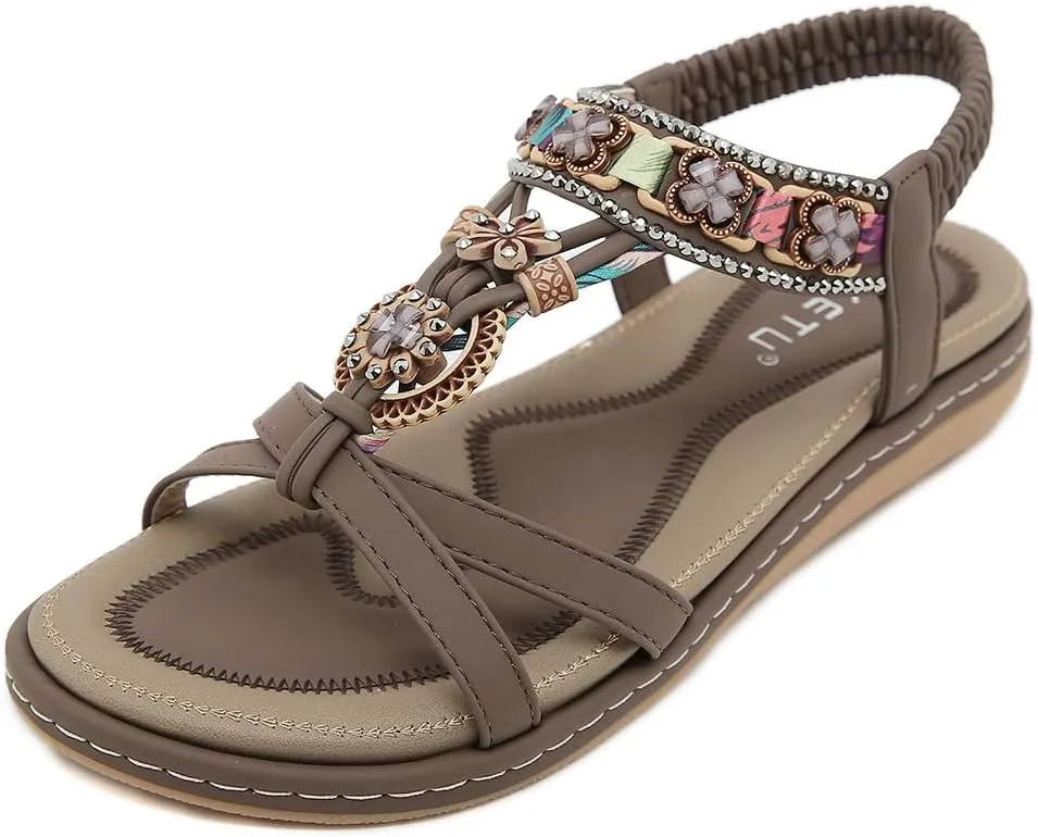 Women Bohemia Beaded Open Toe Flat Sandals Summer Comfortable Beach Sandal Shoes
