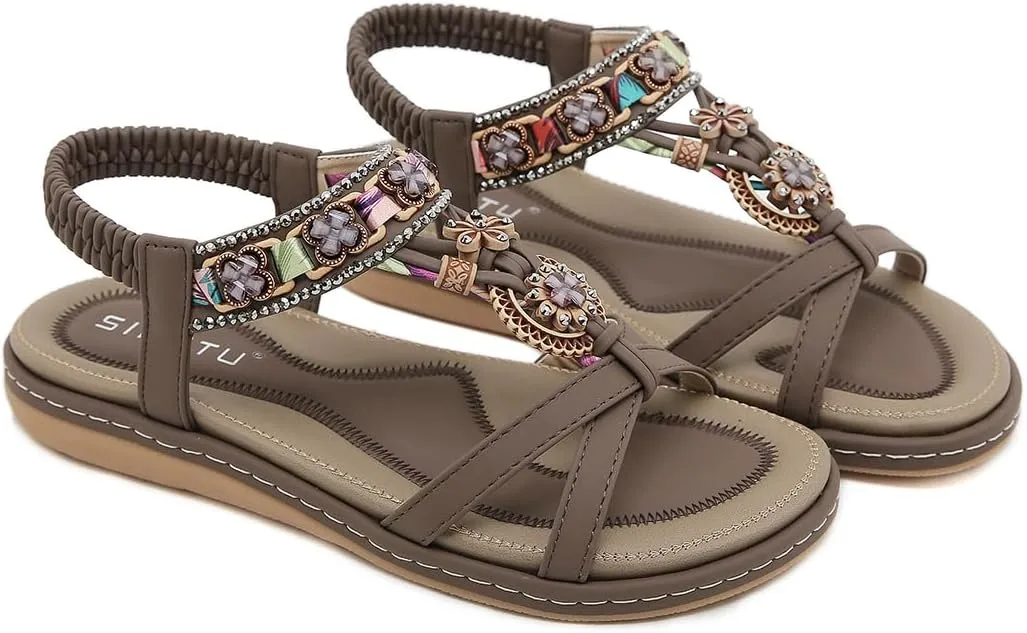 Women Bohemia Beaded Open Toe Flat Sandals Summer Comfortable Beach Sandal Shoes