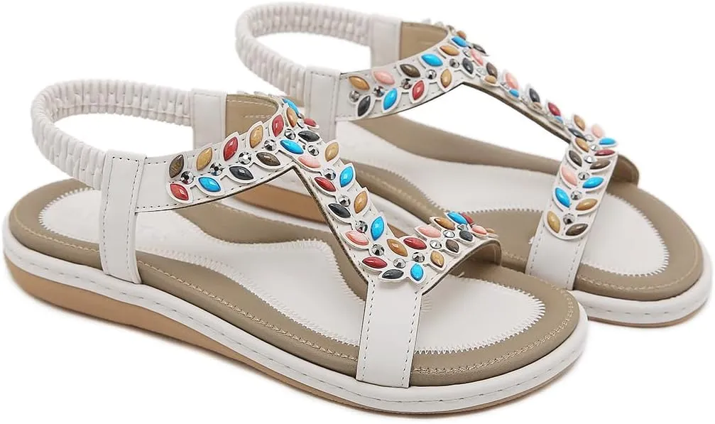 Women Bohemia Beaded Open Toe Flat Sandals Summer Comfortable Beach Sandal Shoes