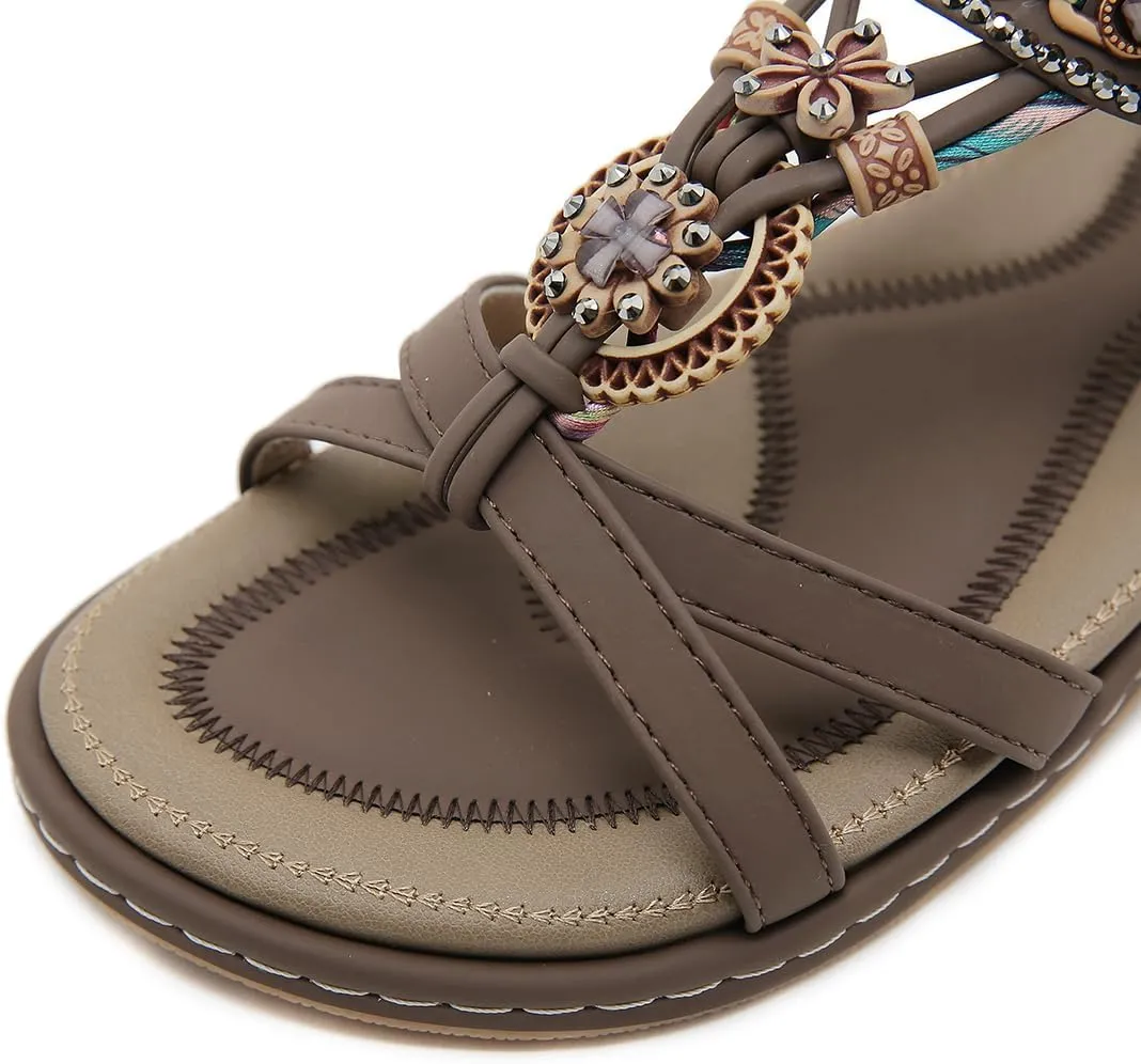 Women Bohemia Beaded Open Toe Flat Sandals Summer Comfortable Beach Sandal Shoes