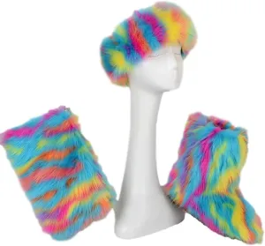 Women Faux Fur Boots,Fashion Women Wallet Purse,Fur Headbands Sets Winter Faux Fur Snow Boots Fluffy Handbag Furry Headband Three-Piece Kit Rainbow Color