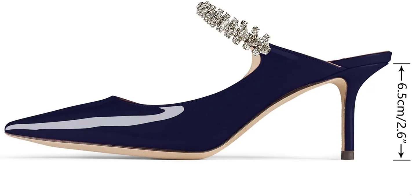 Women Heel Mules Pointy Toe Stiletto Mid Heels Crystals Pumps Slip On Bridal Rhinestones Sandals Wedding Party Dress Shoes