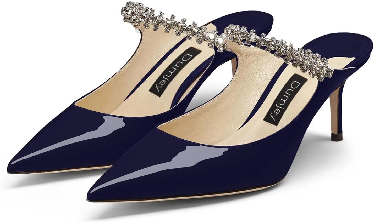 Women Heel Mules Pointy Toe Stiletto Mid Heels Crystals Pumps Slip On Bridal Rhinestones Sandals Wedding Party Dress Shoes