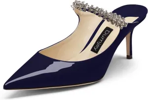 Women Heel Mules Pointy Toe Stiletto Mid Heels Crystals Pumps Slip On Bridal Rhinestones Sandals Wedding Party Dress Shoes