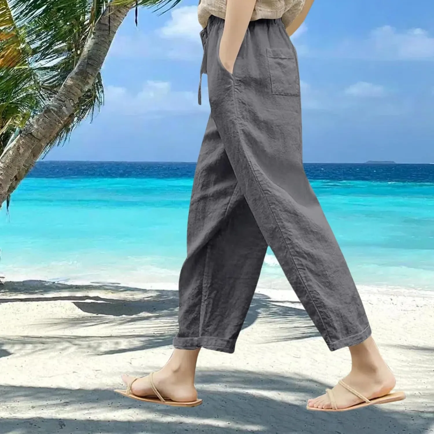 Women Linen Capri Pants-Cotton Linen Summer Pants with Drawstring Waist |Casual Beach Pant for Travel,Vacation Everyday Wear