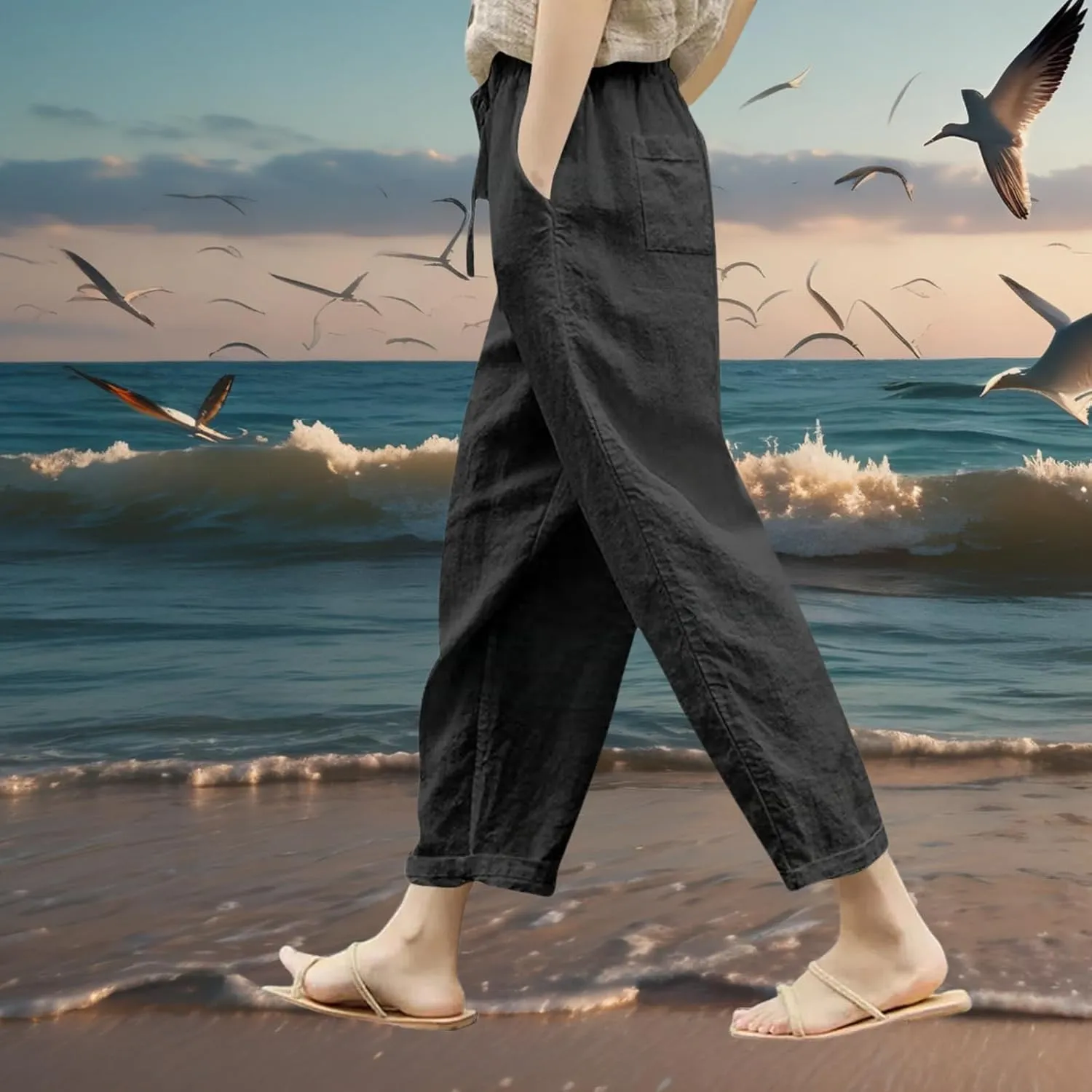 Women Linen Capri Pants-Cotton Linen Summer Pants with Drawstring Waist |Casual Beach Pant for Travel,Vacation Everyday Wear