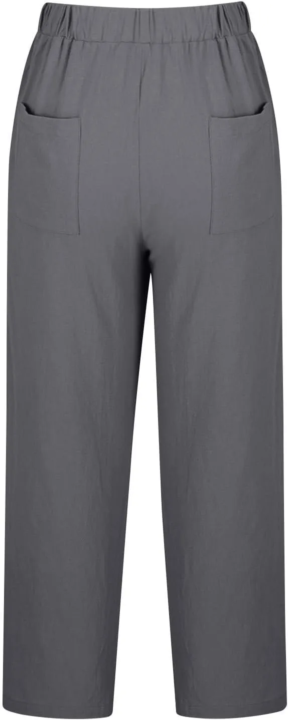 Women Linen Capri Pants-Cotton Linen Summer Pants with Drawstring Waist |Casual Beach Pant for Travel,Vacation Everyday Wear
