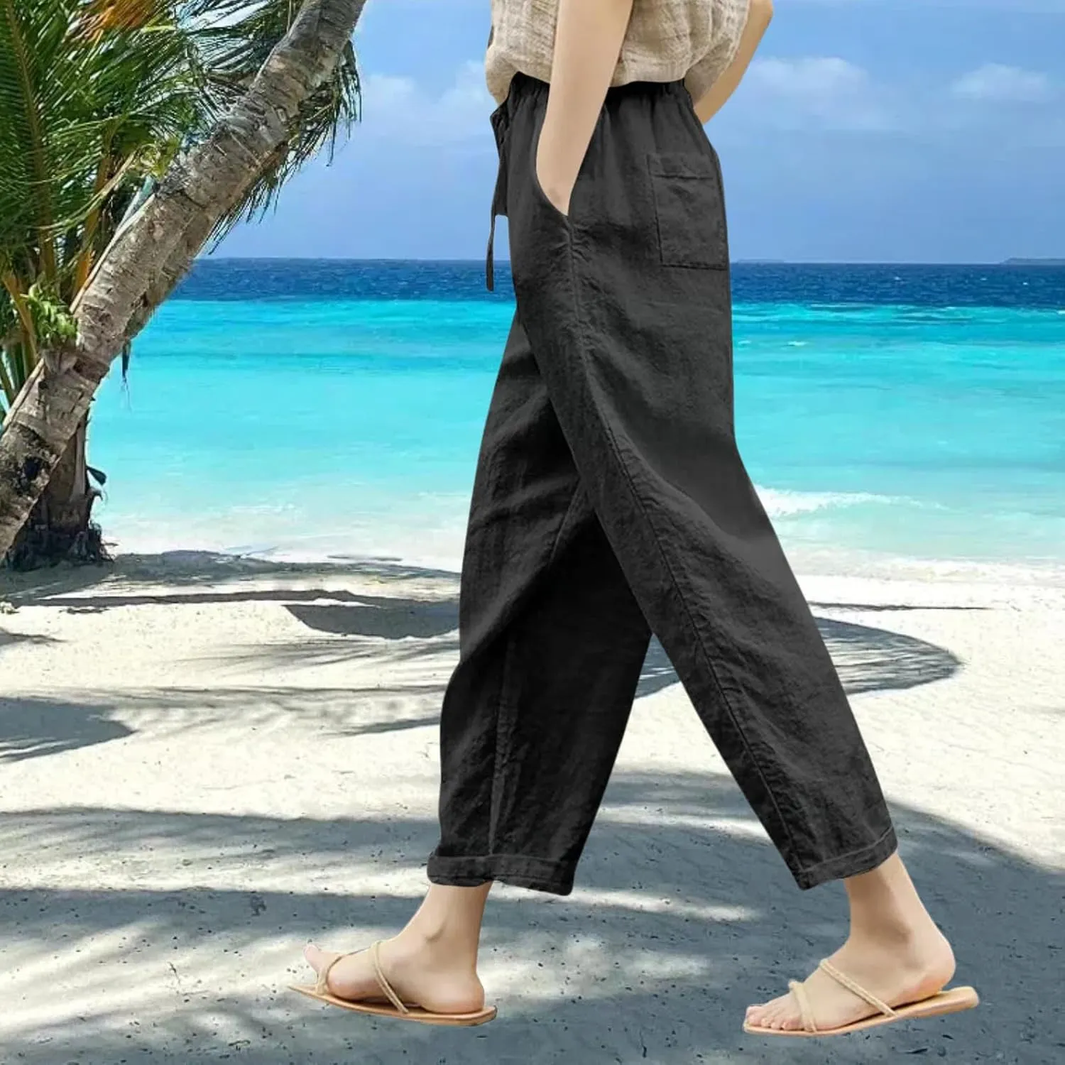 Women Linen Capri Pants-Cotton Linen Summer Pants with Drawstring Waist |Casual Beach Pant for Travel,Vacation Everyday Wear