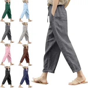 Women Linen Capri Pants-Cotton Linen Summer Pants with Drawstring Waist |Casual Beach Pant for Travel,Vacation Everyday Wear