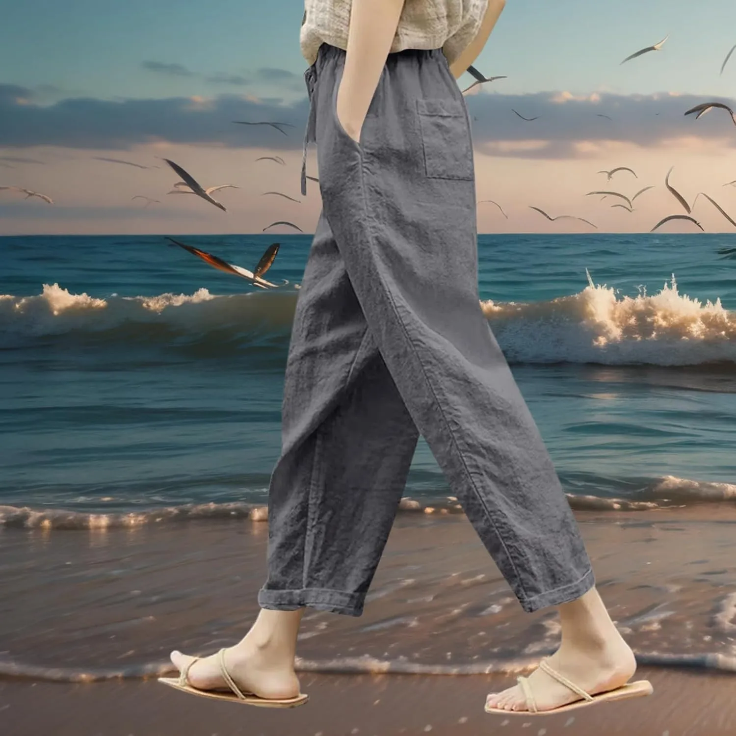 Women Linen Capri Pants-Cotton Linen Summer Pants with Drawstring Waist |Casual Beach Pant for Travel,Vacation Everyday Wear