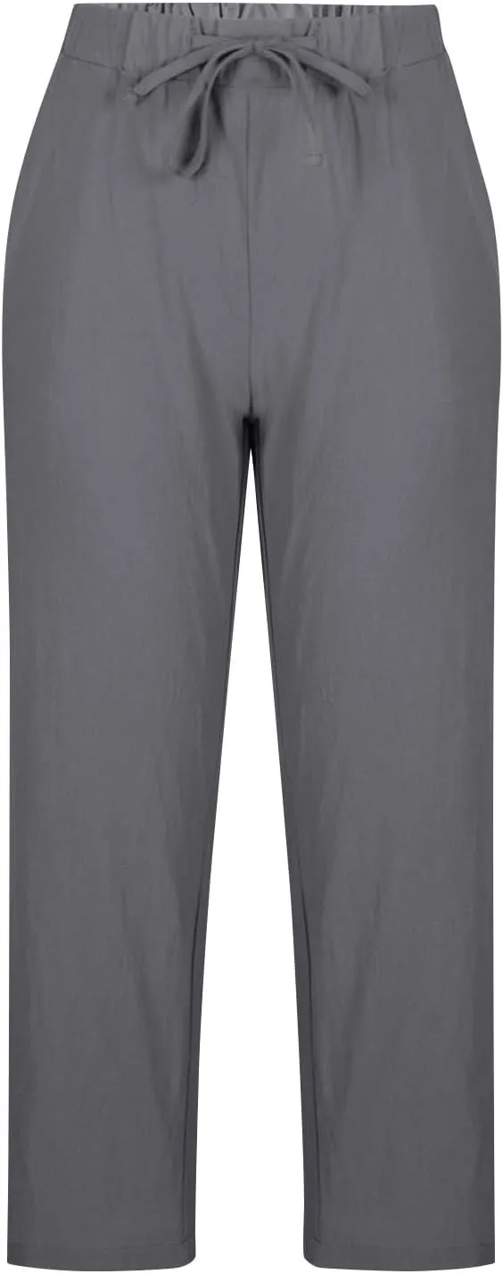 Women Linen Capri Pants-Cotton Linen Summer Pants with Drawstring Waist |Casual Beach Pant for Travel,Vacation Everyday Wear