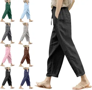 Women Linen Capri Pants-Cotton Linen Summer Pants with Drawstring Waist |Casual Beach Pant for Travel,Vacation Everyday Wear