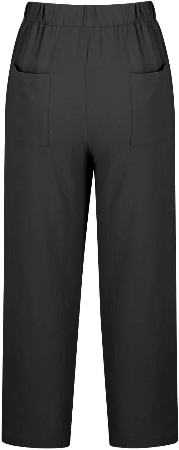 Women Linen Capri Pants-Cotton Linen Summer Pants with Drawstring Waist |Casual Beach Pant for Travel,Vacation Everyday Wear