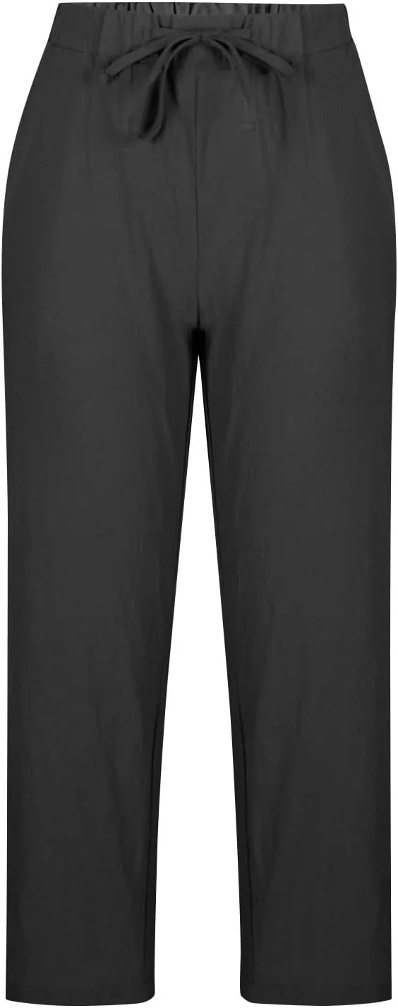 Women Linen Capri Pants-Cotton Linen Summer Pants with Drawstring Waist |Casual Beach Pant for Travel,Vacation Everyday Wear