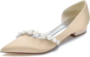 Women Slip on Satin Flat Wedding Shoes Pointed Toe Pearl Prom Evening Bridal Party Dress Flats