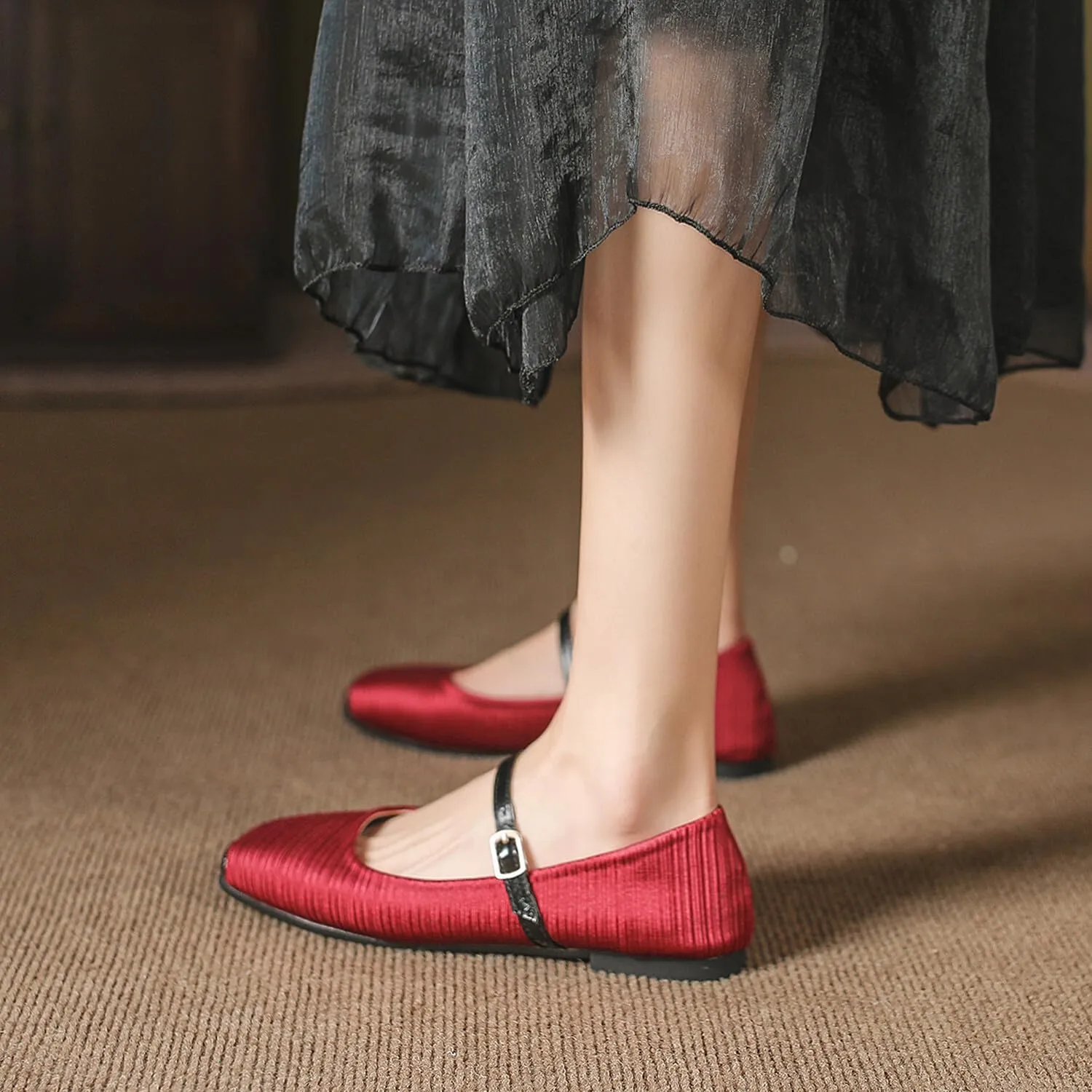 Women Square Toe Mary Jane Flats Shoes Ankle Strap Comfortable Flats Shoes