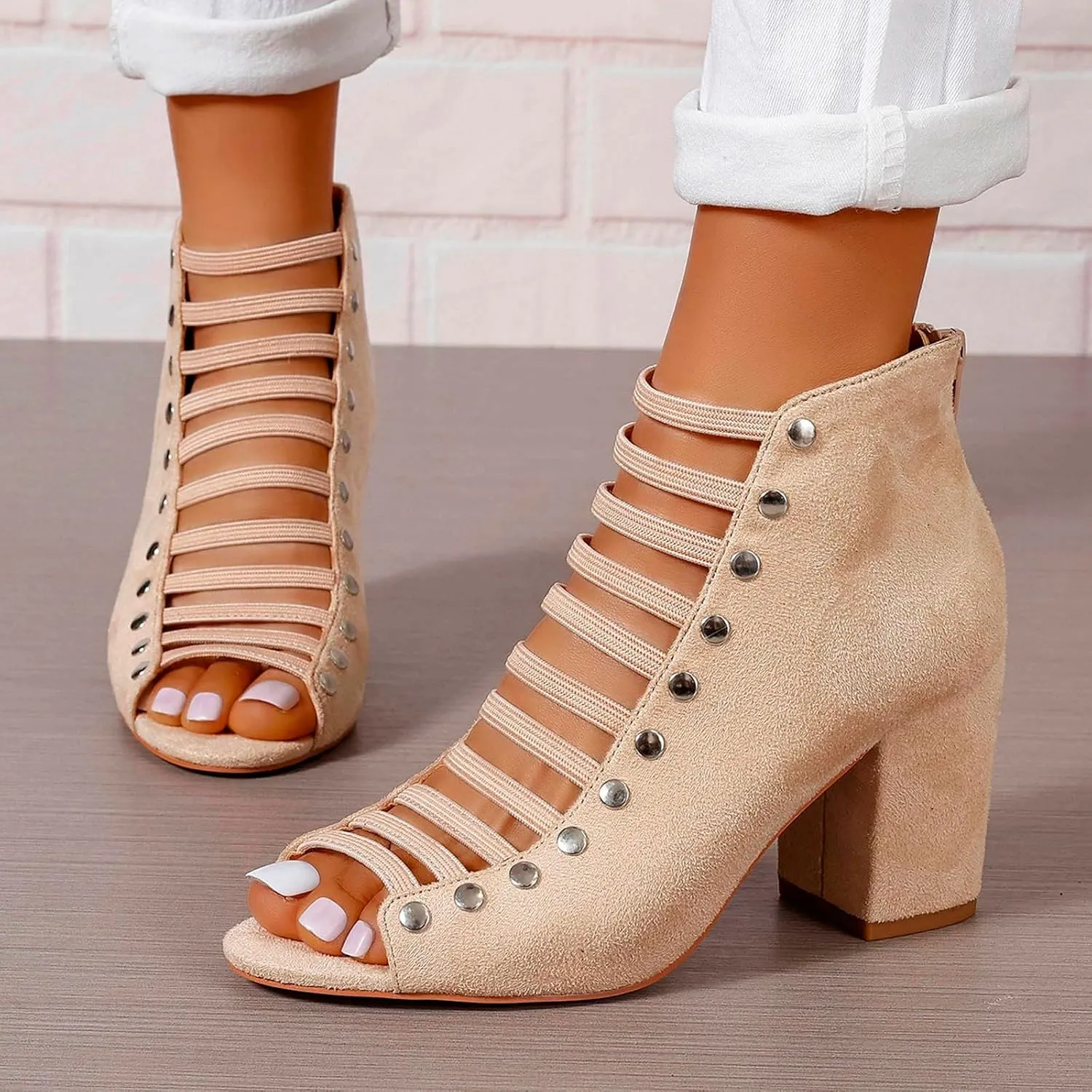 Women Toe Suede Sandals Back Zipper Cutout Sandals Chunky High Heel Sandals Ankle Strap Shoes for Women Dressy Heels