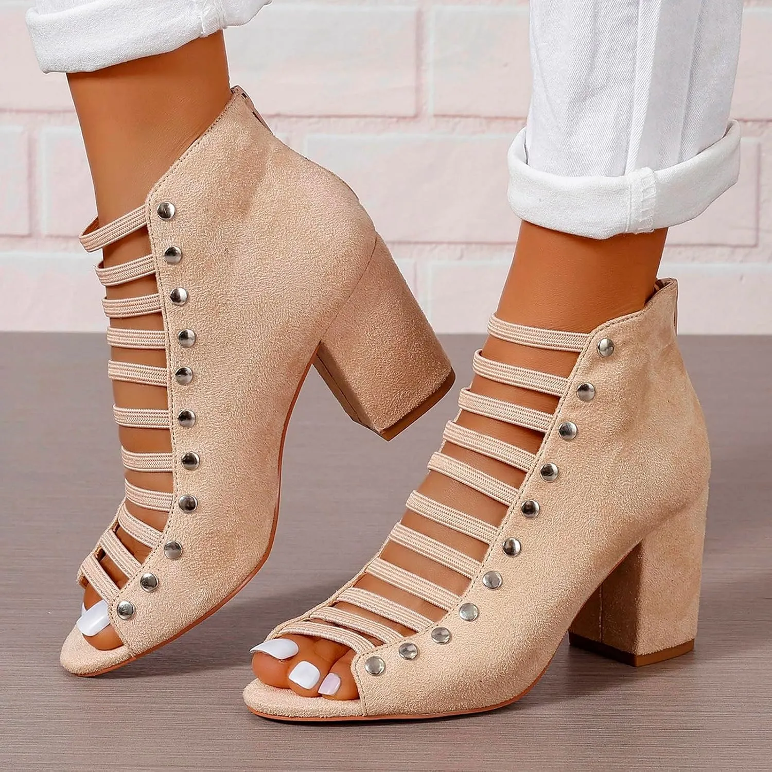 Women Toe Suede Sandals Back Zipper Cutout Sandals Chunky High Heel Sandals Ankle Strap Shoes for Women Dressy Heels