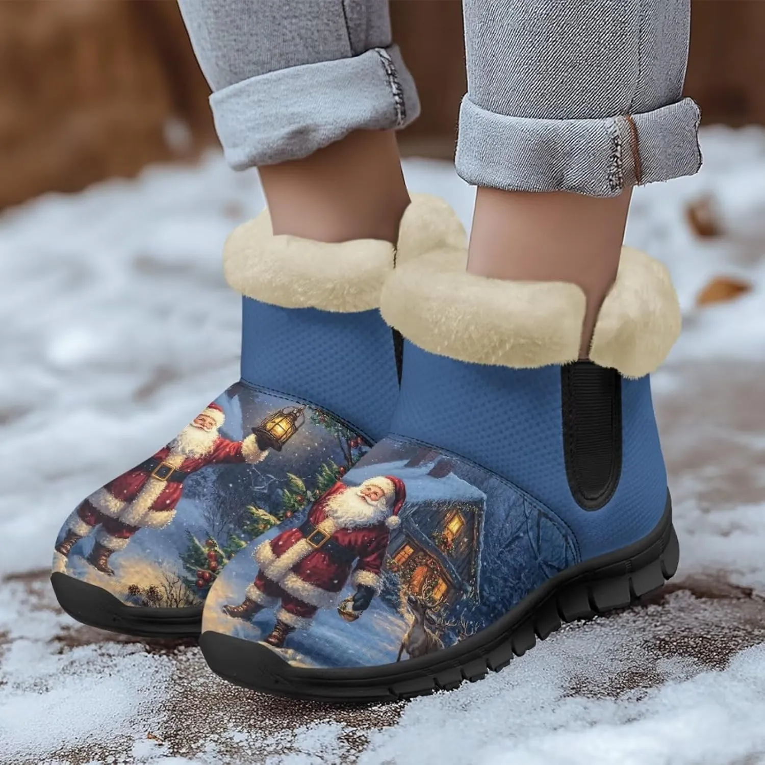 Womens Ankle Booties Faux Fur Lined Snow Boots Warm Comfy Fuzzy Boots Anti-Slip Lightweight Boots Casual Indoor Shoes