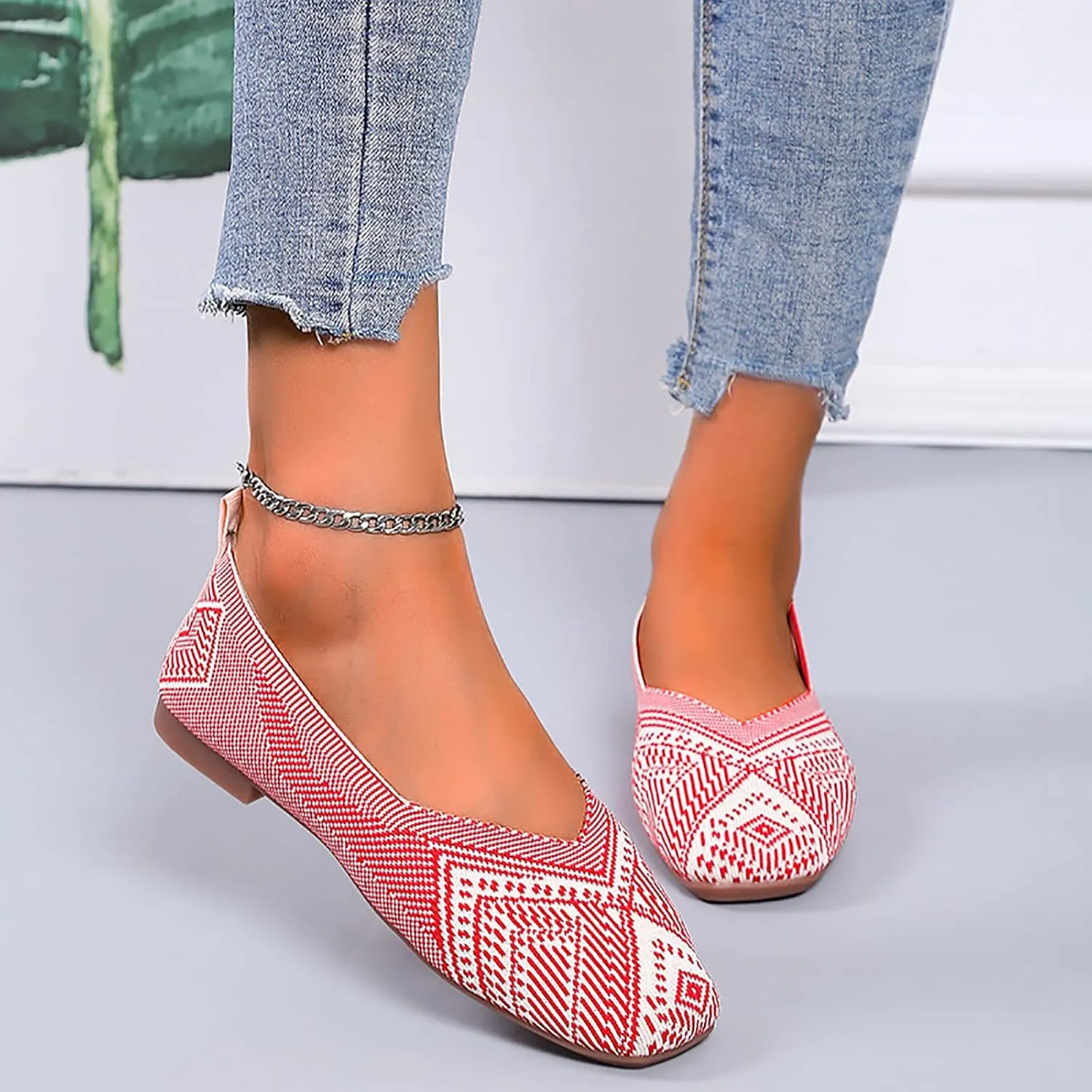 Women's Ballet Elderly Flats Round Toe Walking Flats Slip On Work Shoes Knitted Flats Shoes for Woman Soft Lightweight