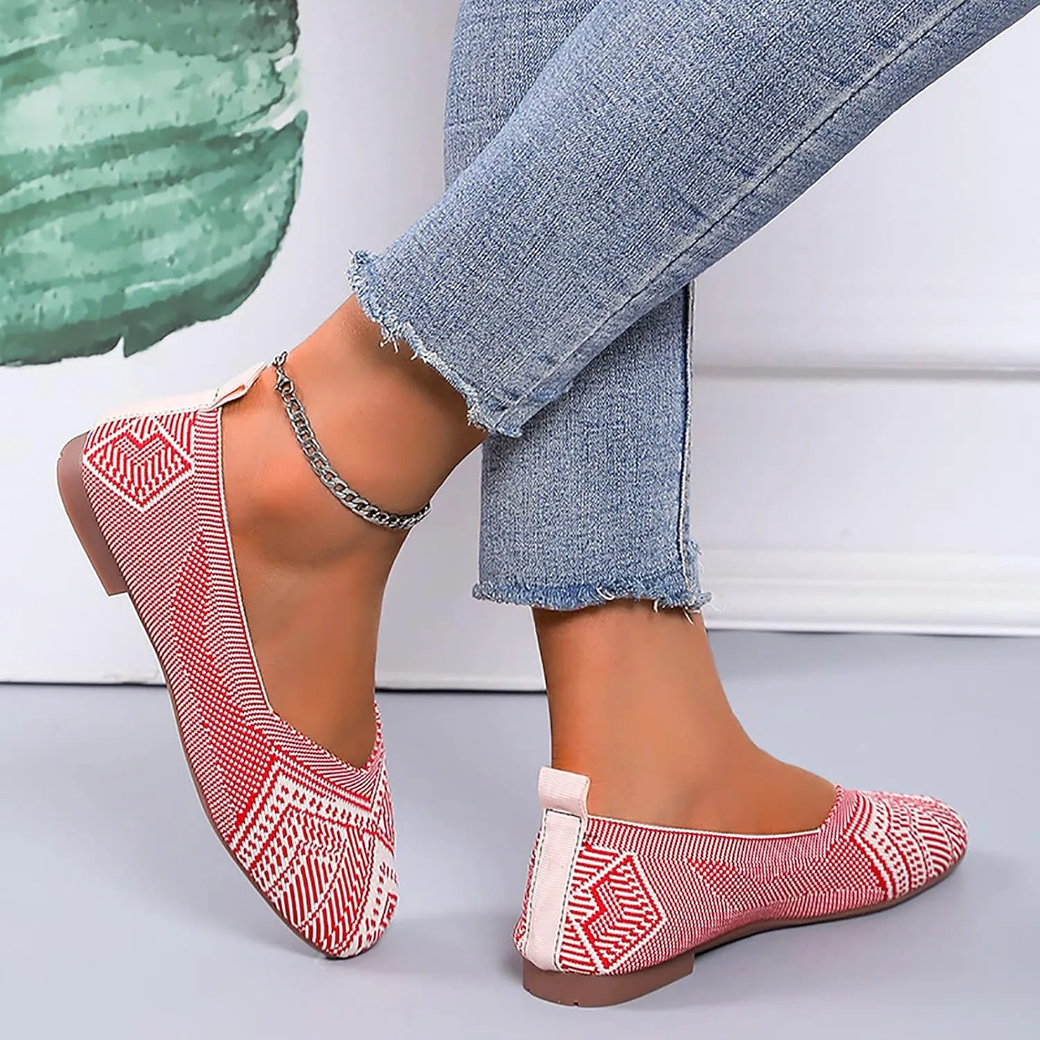Women's Ballet Elderly Flats Round Toe Walking Flats Slip On Work Shoes Knitted Flats Shoes for Woman Soft Lightweight