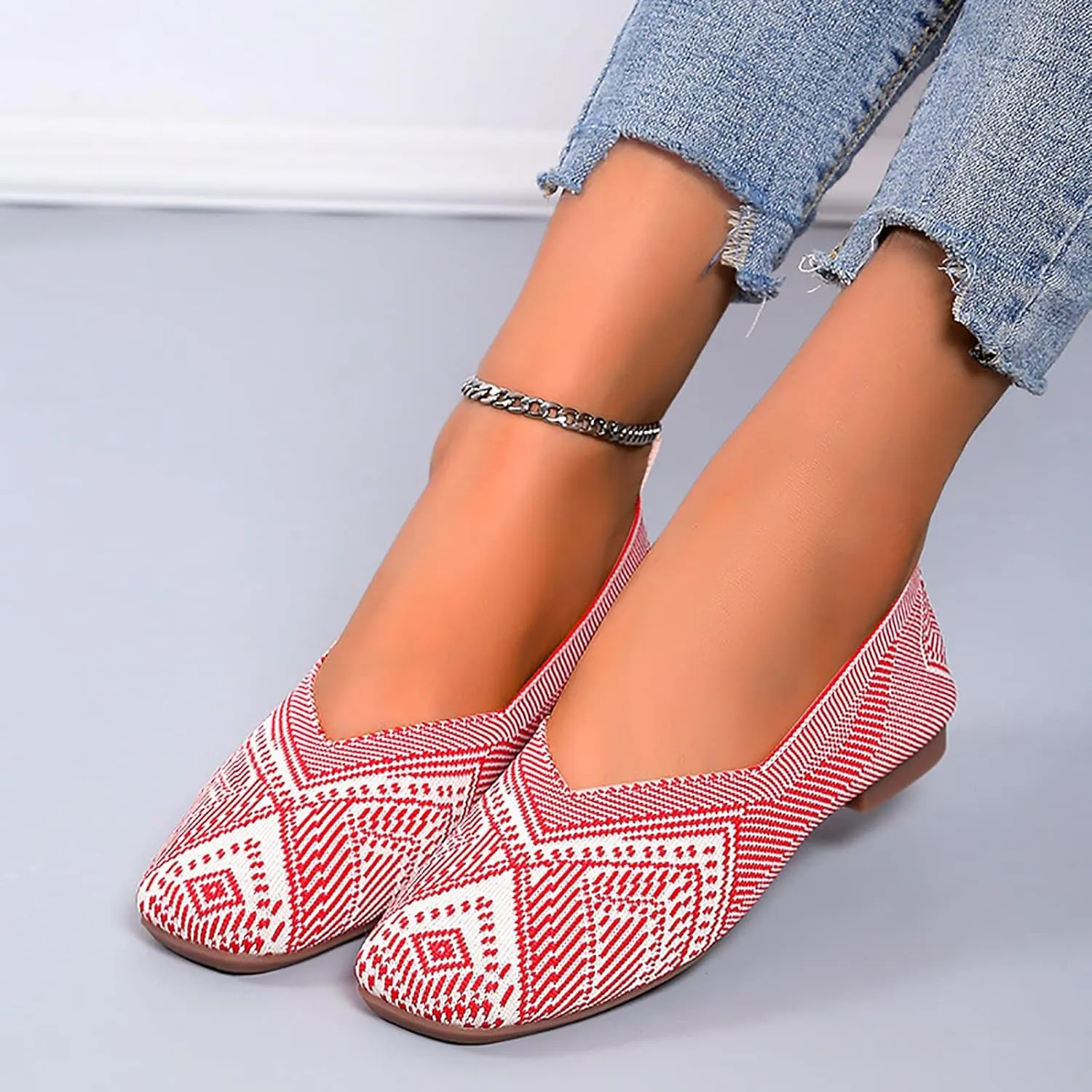 Women's Ballet Elderly Flats Round Toe Walking Flats Slip On Work Shoes Knitted Flats Shoes for Woman Soft Lightweight