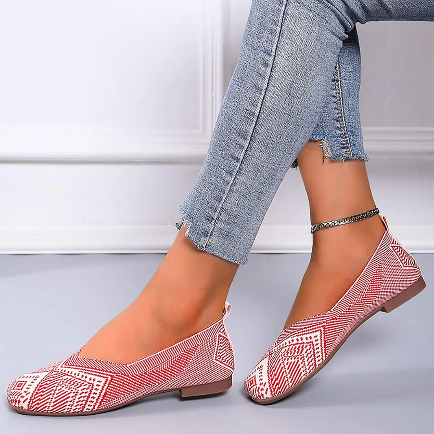 Women's Ballet Elderly Flats Round Toe Walking Flats Slip On Work Shoes Knitted Flats Shoes for Woman Soft Lightweight