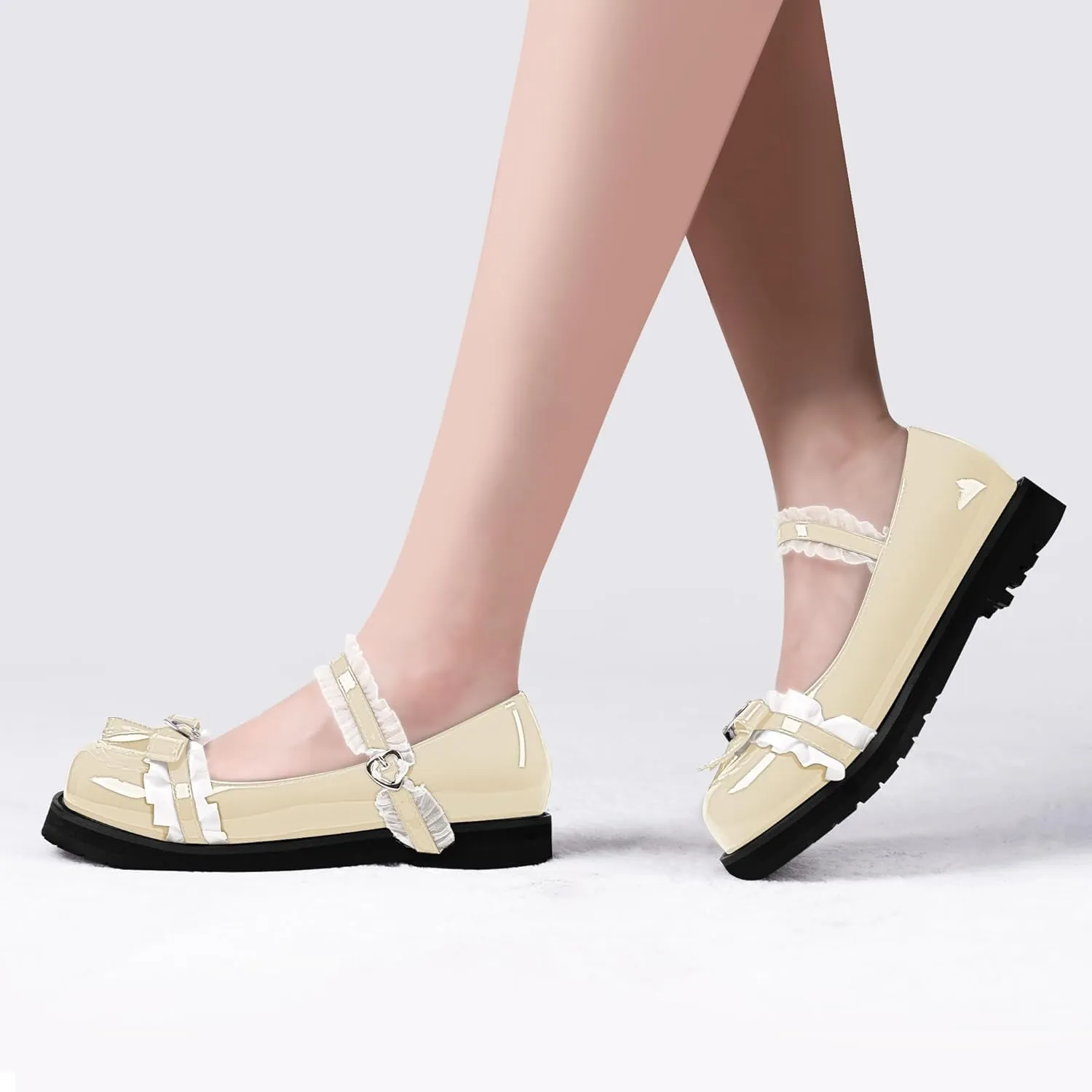 Women's Bow Mary Janes Flats Kawaii Lace Ankle Strap Platform Shoes